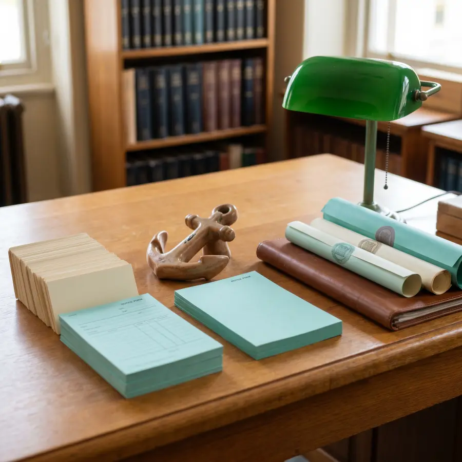 A calm office table with archived notices and reference cards
